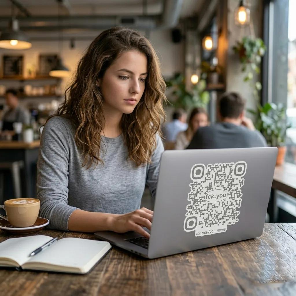 fck.you sticker on a laptop in a café