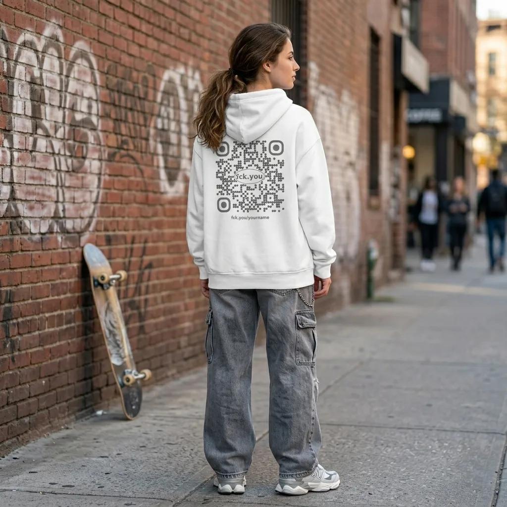 fck.you hoodie in a New York alley